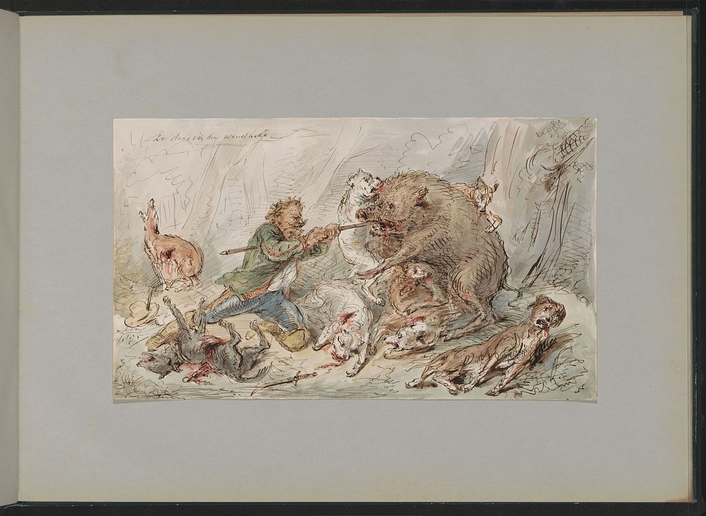 Man die een wild zwijn doodt in een woud (c. 1854 - c. 1887) by Alexander Ver Huell