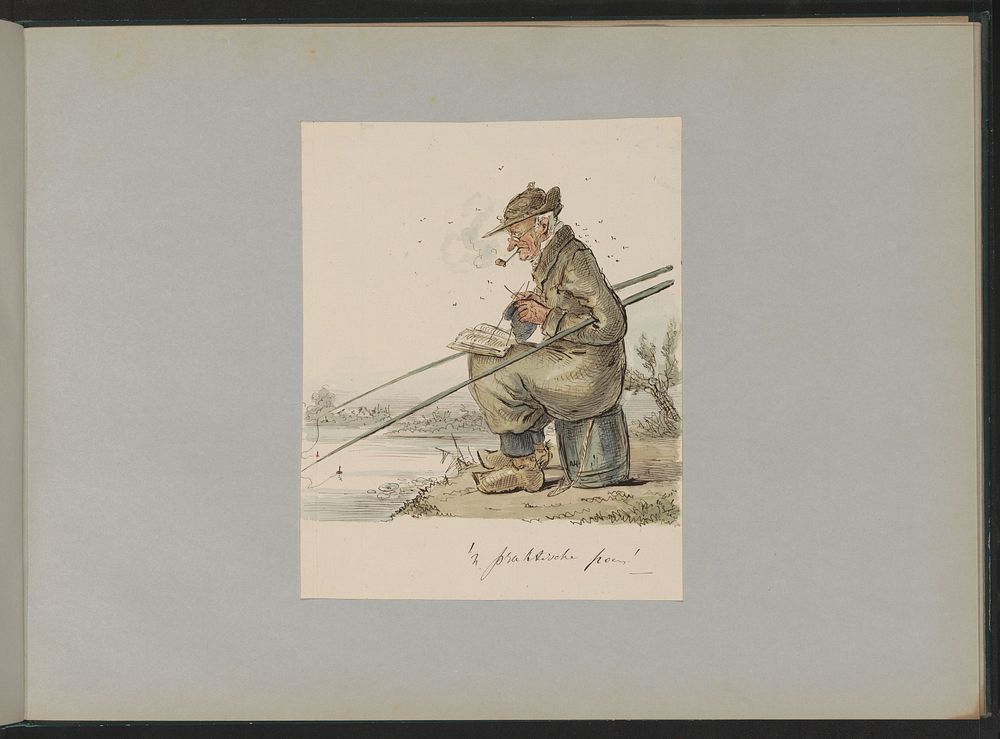 Man die vist, breit, rookt en leest aan een waterkant (c. 1854 - c. 1887) by Alexander Ver Huell