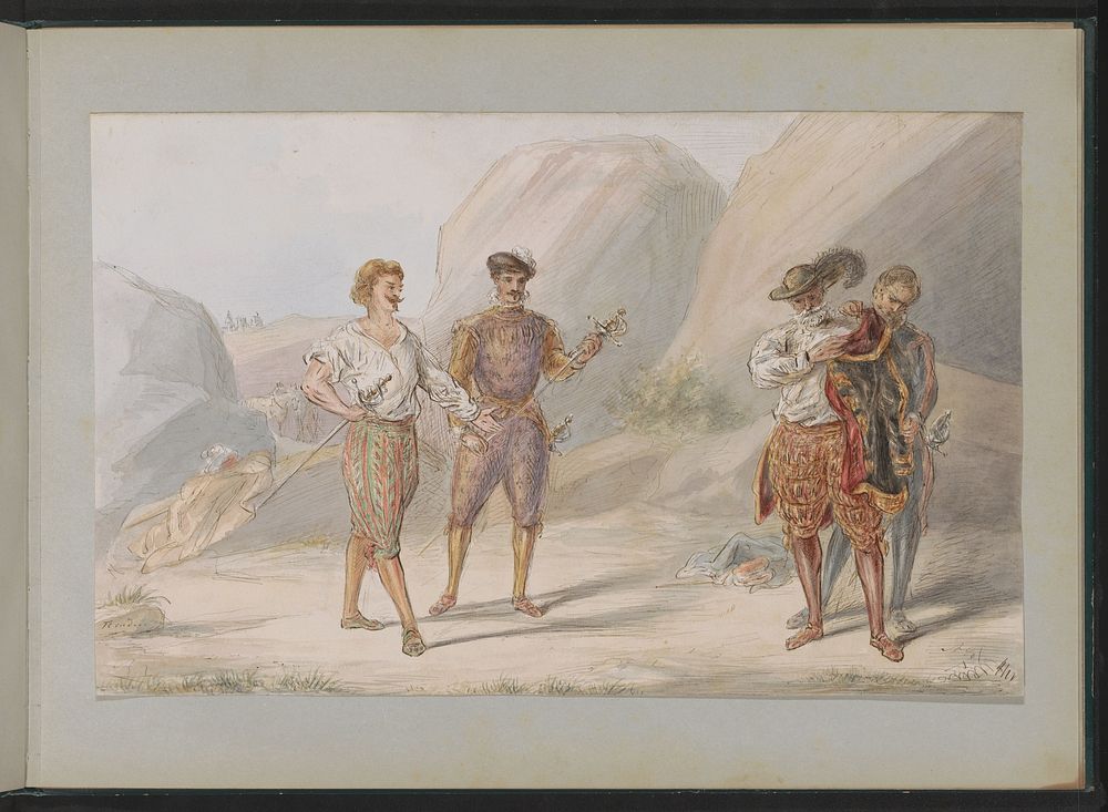 Vier mannen met zwaarden in een rotsachtig landschap (c. 1854 - c. 1887) by Alexander Ver Huell