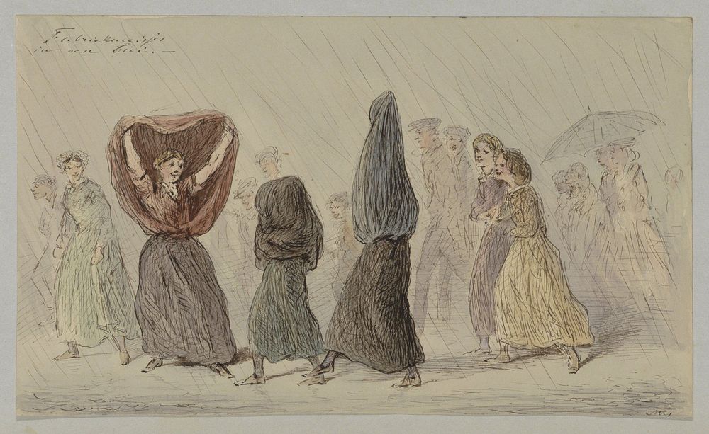 Fabrieksmeisjes in een regenbui (c. 1854 - c. 1887) by Alexander Ver Huell