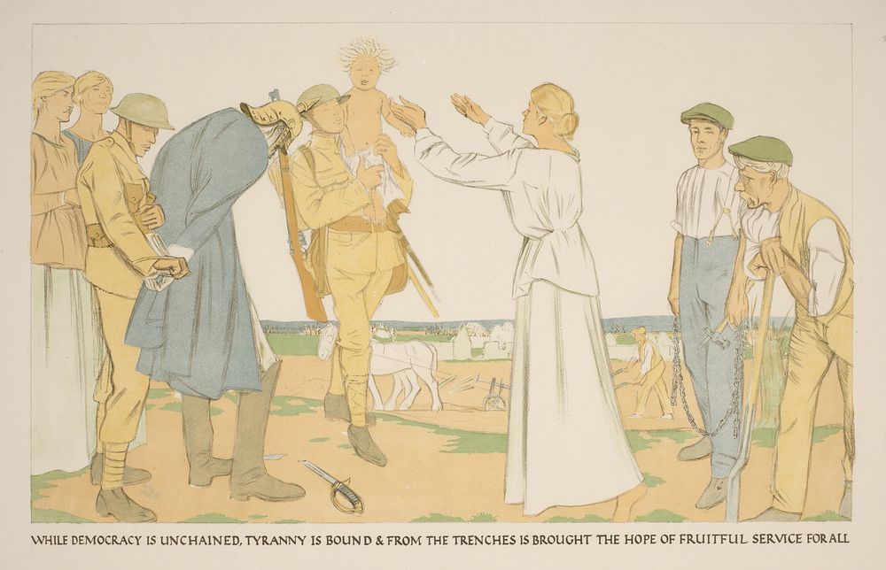 Boeren en soldaten op het land (c. 1917) by William Rothenstein