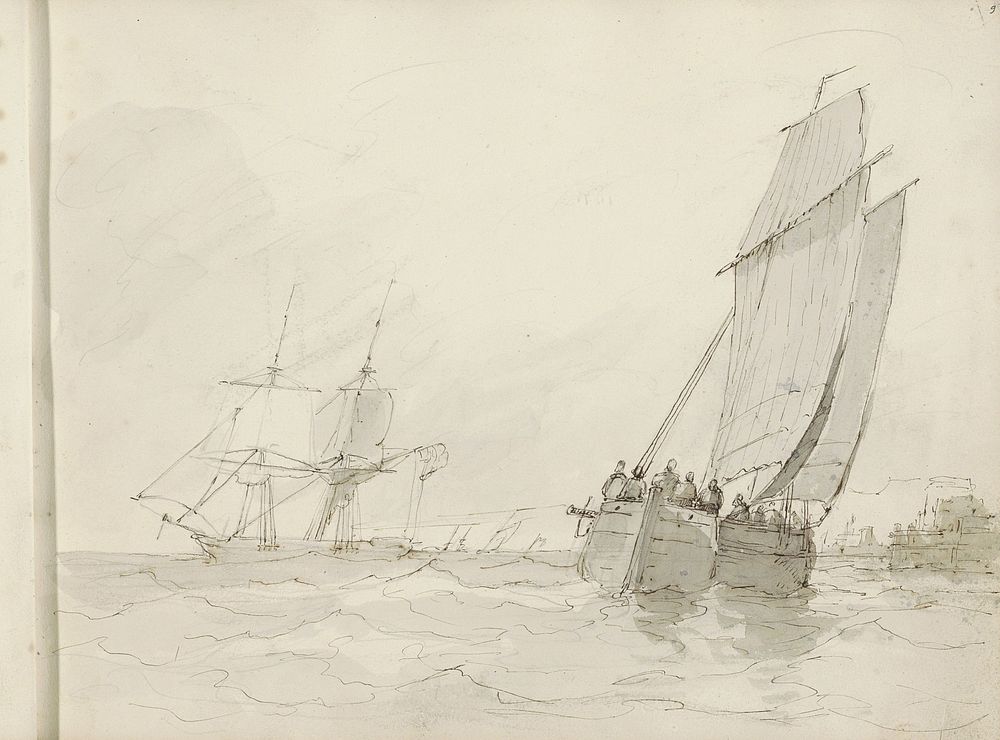 Zeilschepen voor een haven (c. 1825 - c. 1875) by Petrus Johannes Schotel