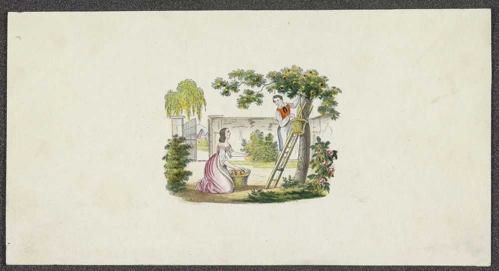 Appelplukkers in een tuin (1849) by anonymous and Regina Kievit