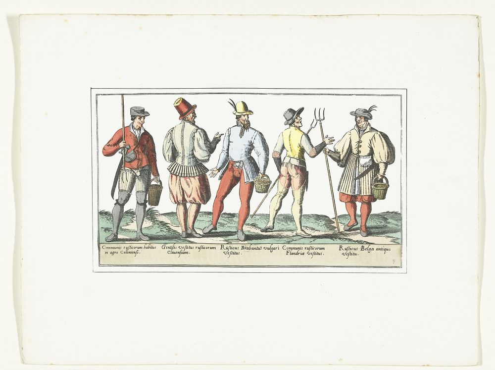 Vier boeren gekleed volgens de huidige mode en één naar de oude mode, ca. 1580 (1872 - 1875) by anonymous, Abraham de Bruyn…