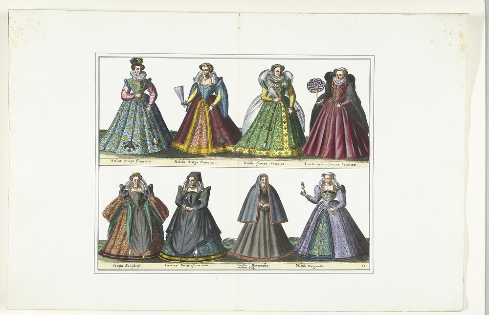 Dubbele plaat met acht vrouwen gekleed volgens de Franse mode, ca. 1580 (1872 - 1875) by anonymous, Abraham de Bruyn and G A…