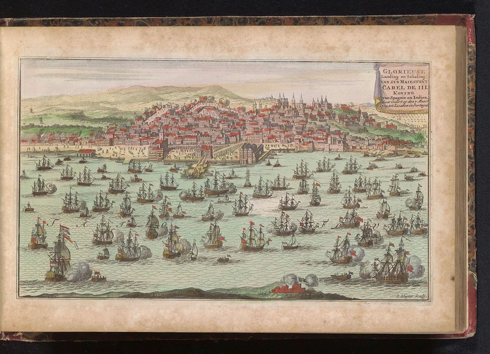 Aankomst van de Hollands-Engelse vloot met koning Karel III te Lissabon, 1704 (1735) by Zacharias Chatelain II and erven J…