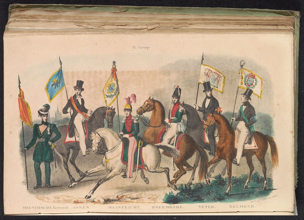 Kostumen en vaandels van de erewachten van Drenthe, Assen, Maastricht, Roermond, Venlo en Helmond, 1840-1842 (1840 - 1842)…