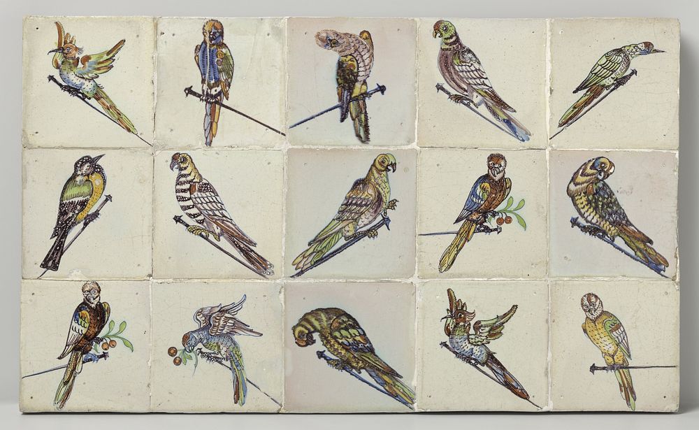 Tile Panel with Birds Perched on Nails (c. 1640 - c. 1660) by anonymous