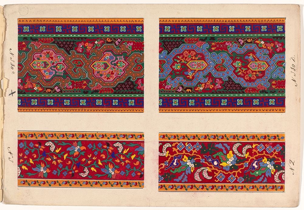 Vier ontwerpen voor tapijten (c. 1854 - c. 1864) by anonymous, Deventer Tapijtfabriek and Firma Smaale