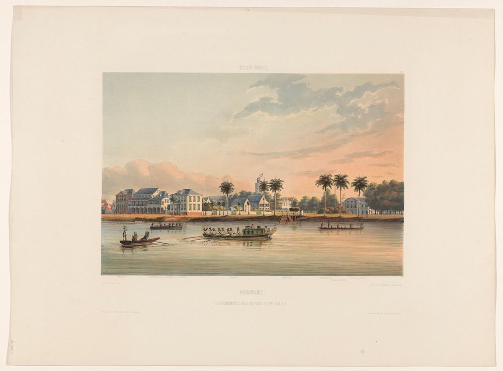 Waterkant met Gouverneurshuis te Paramaribo (1860 - 1862) by jonkheer Jacob Eduard van Heemskerck van Beest, Gerard…