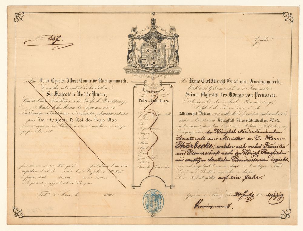 Paspoort van de Koning van Pruisen voor J.R. Thorbecke, familie en bedienden (1860) by anonymous