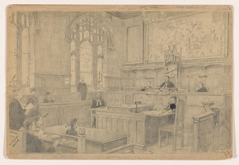 Studie van de gehele compositie voor het (onvoltooide) schilderij van de Nederlandse rechtbank in London, juni 1942 (1942)…