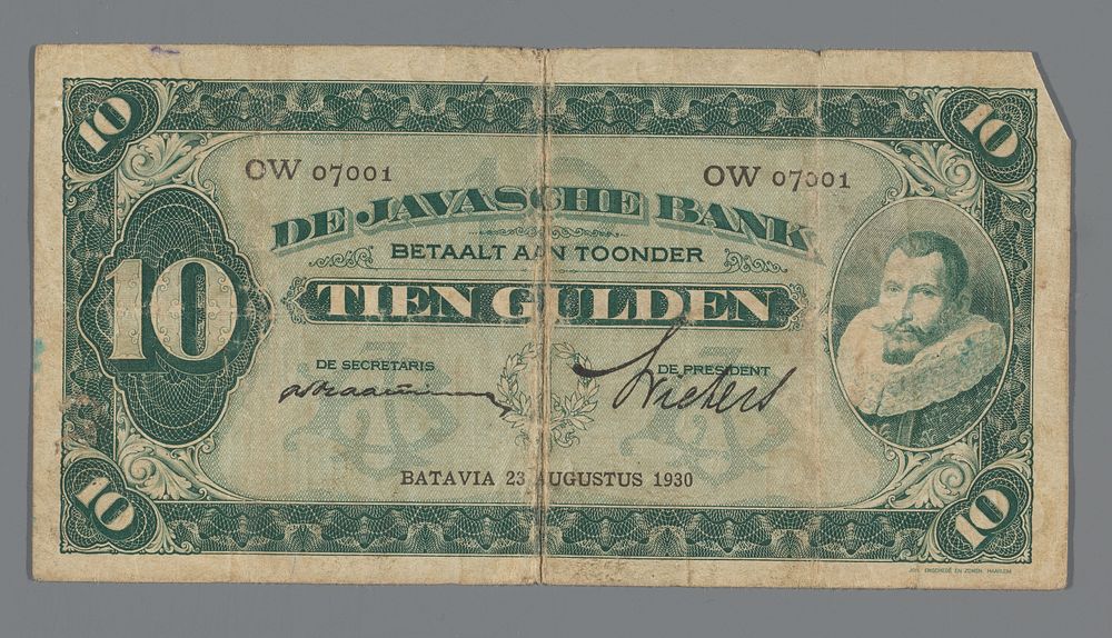 Nederlands-Indonesisch bankbiljet van tien gulden (1930) by Johan Enschedé and Zn