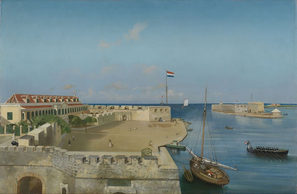 De haveningang van Willemstad met het Gouvernementspaleis (1858) by Prosper Crébassol