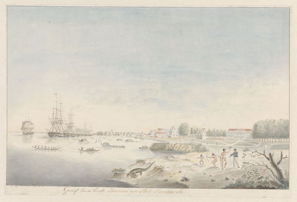 Waterkant van Paramaribo kort na de brand van 1821 (1823) by J D van Herwaarden and John Gabriël Stedman