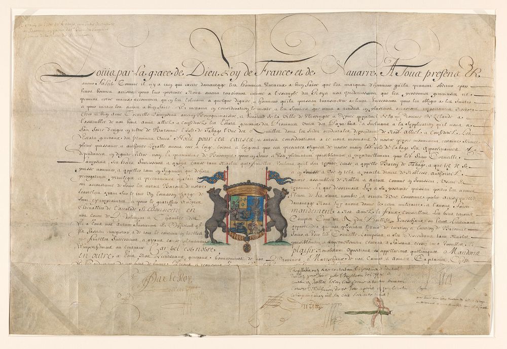 Diploma waarbij Lodewijk XIV Cornelis Lampsins verhief tot baron van Tobago en ridder van de Orde van St. Michel (1662) by…