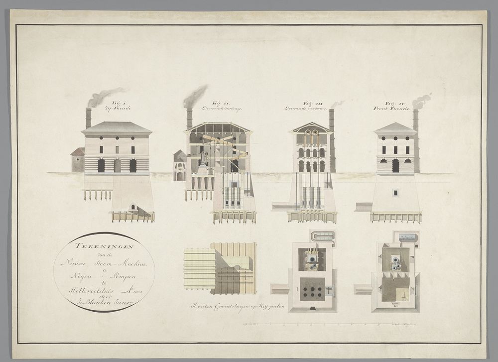 Tekeningen van de nieuwe stoommachine à negen pompen te Hellevoetsluis (1802) by Jan Blanken Jansz