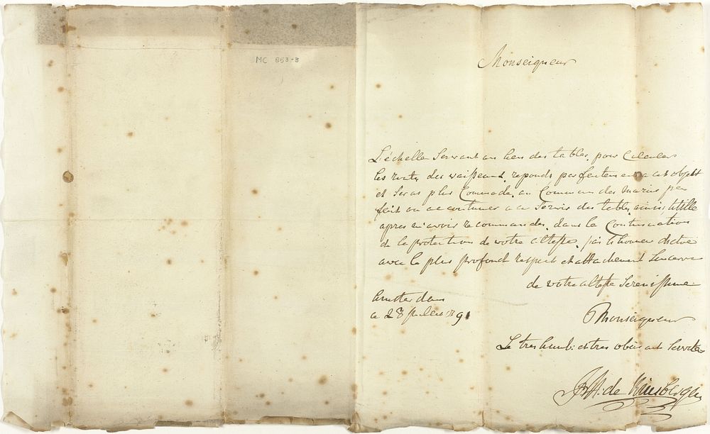Letter of Recommendation (1791) by jonkheer Jan Hendrik van Kinsbergen