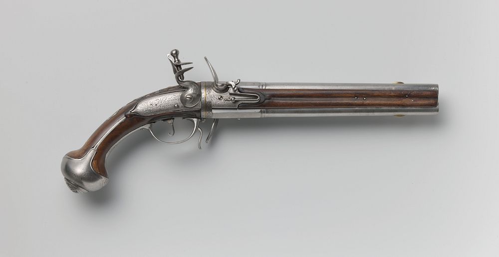 Ruiterpistool met twee lopen, op de kolf een grimmend masker en wapenschild (c. 1675 - c. 1700) by Willem Nacken