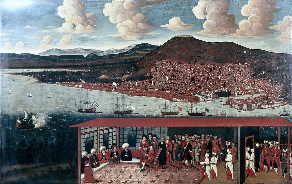 View of Smyrna (Izmir) and the Reception Given to Consul de Hochepied (1657-1723) in the Council Chamber (c. 1687 - 1723) by…