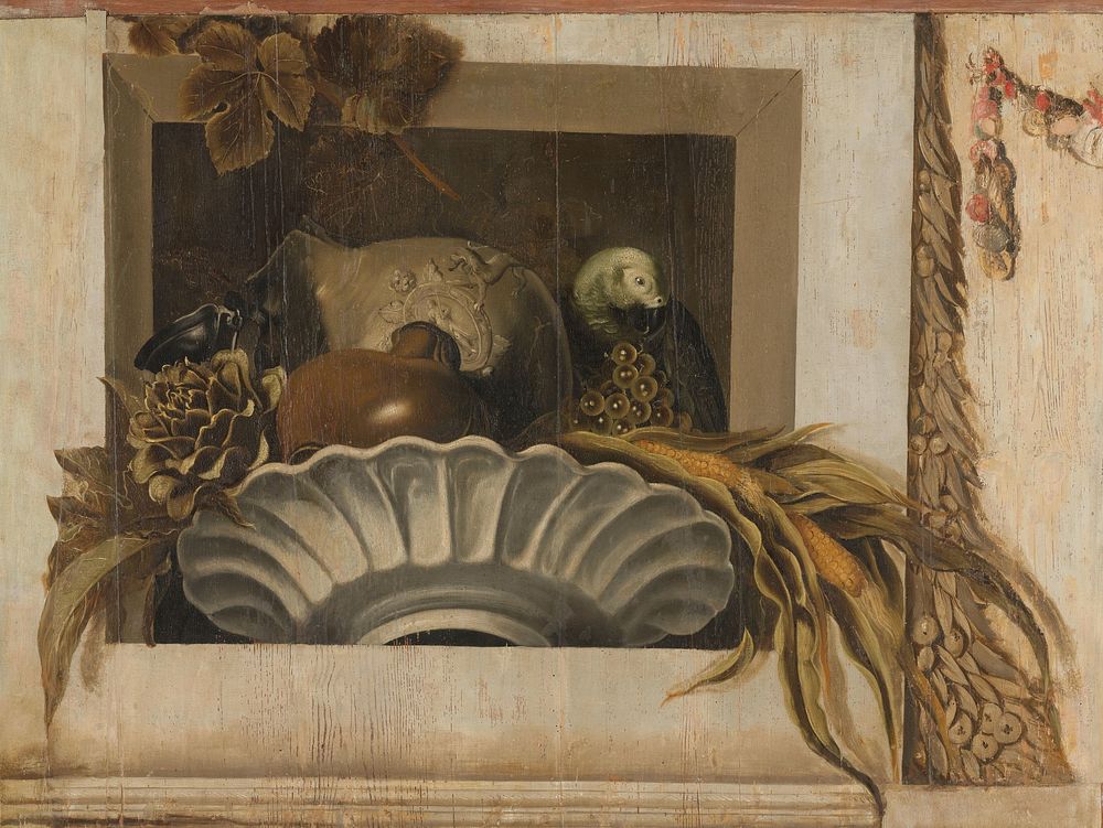 Still Life with a Bowl of Corn, Artichokes, Grapes and a Parrot (1645 - 1650) by Jacob van Campen