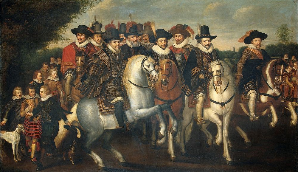 Prince Maurice Accompanied by his two Brothers, Frederick V, Elector Palatine, and Counts of Nassau on Horseback (c. 1625)…
