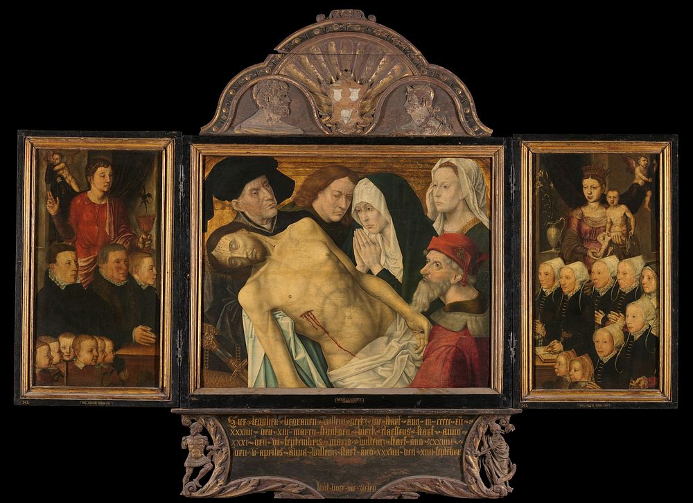 Memorial Triptych, formerly called the Gertz Memorial Triptych, with the Lamentation (central panel), nine male Donor…