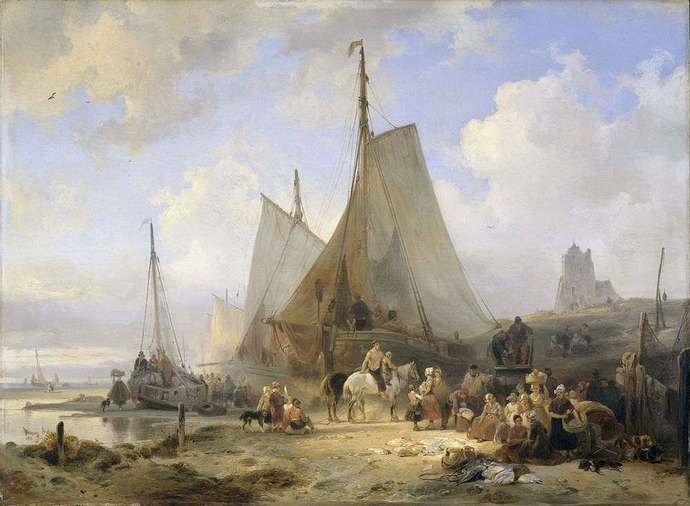 Fishing Boats on the Beach with Fishermen and Women Sorting the Catch (1835) by Wijnand Nuijen