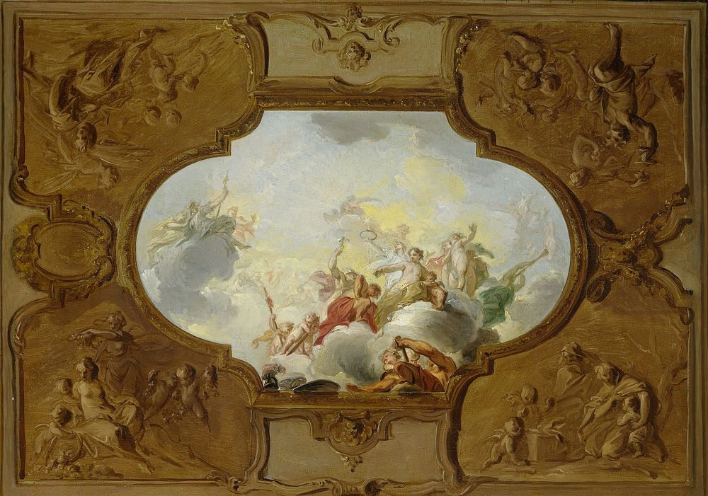 Design for a ceiling painting with the Apotheosis of Aeneas, in the corners the Four Seasons (c. 1720 - c. 1725) by Jacob de…