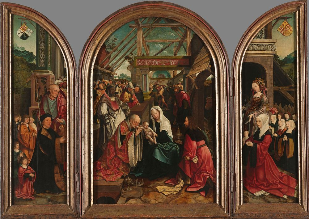 Triptych with the Adoration of the Magi (centre panel), the Donor and his Six Sons with St Jerome (inner left wing), the…
