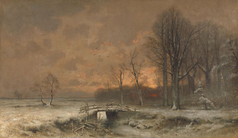 Winter Scene with the Sun Setting Behind Trees (1880 - 1930) by Louis Apol