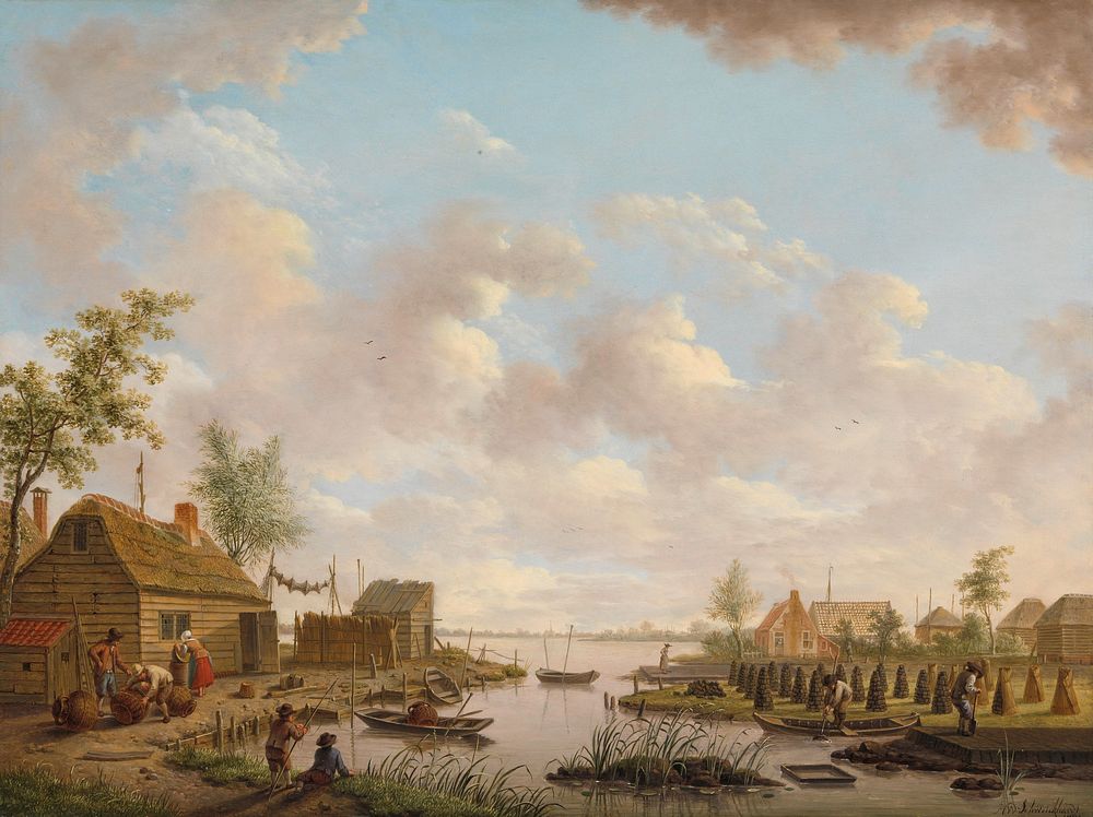 Landscape with Fishermen and Farmers Extracting Peat in a Marsh (1783) by Hendrik Willem Schweickhardt