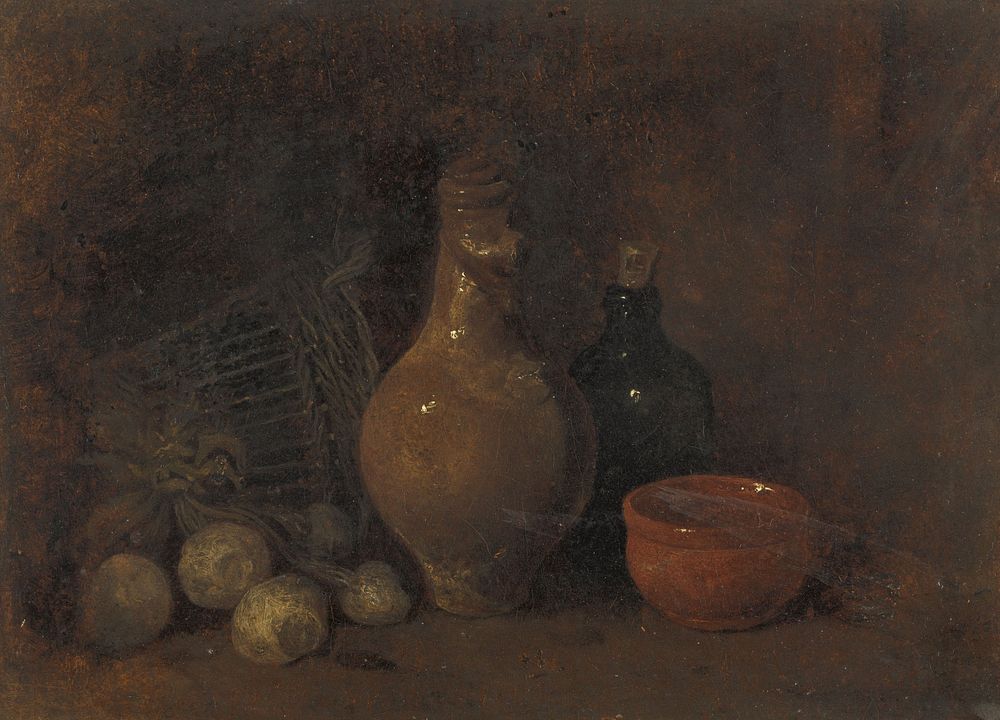 Stilleven met vier vruchten, glas en aardewerk (1827 - 1887) by François Bonvin