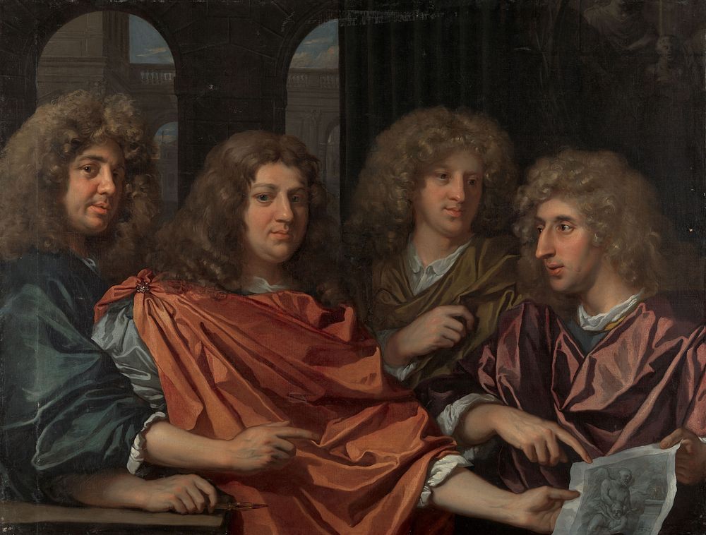 Groepsportret van vier kunstenaars (c. 1680) by Monogrammist GF schilder