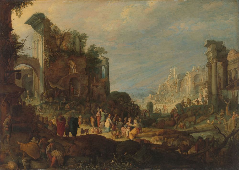 Travellers among Roman Ruins with Rebecca and Eliezer at the Well (c. 1602 - c. 1605) by Willem van Nieulandt II and Paul…