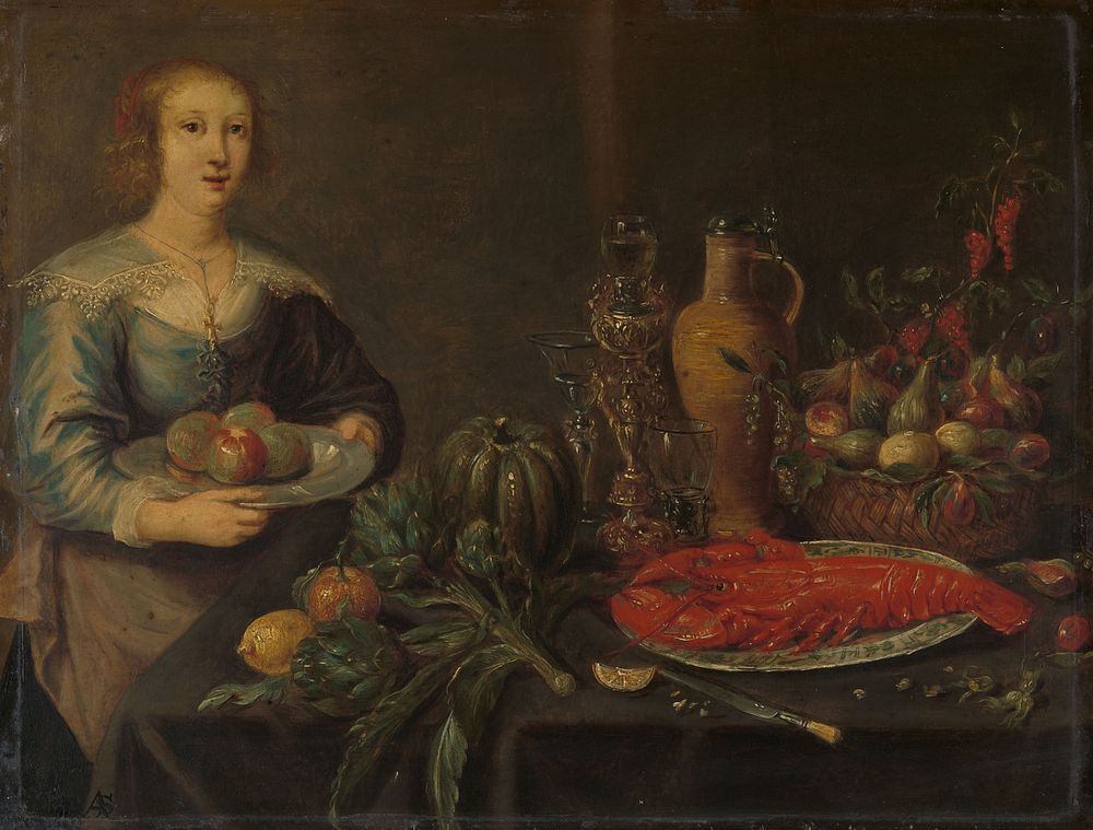 Servant by a Larder Table (c. 1635 - c. 1645) by anonymous and Monogrammist AS schilder
