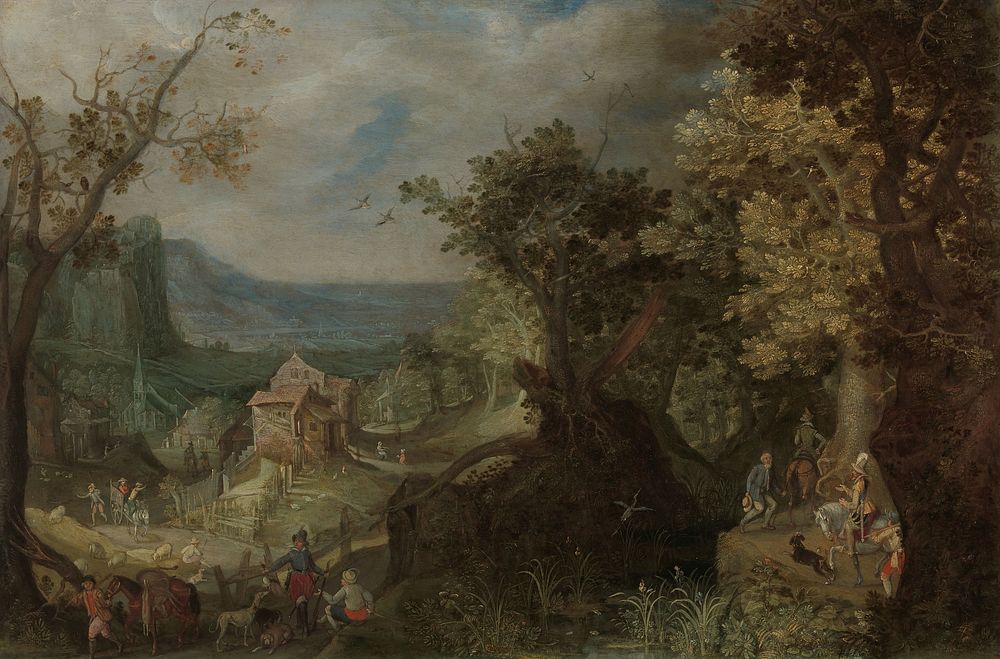 Hunter and Horsemen on a Wooded Road, with a Village in a Valley beyond (1608) by Anton Mirou