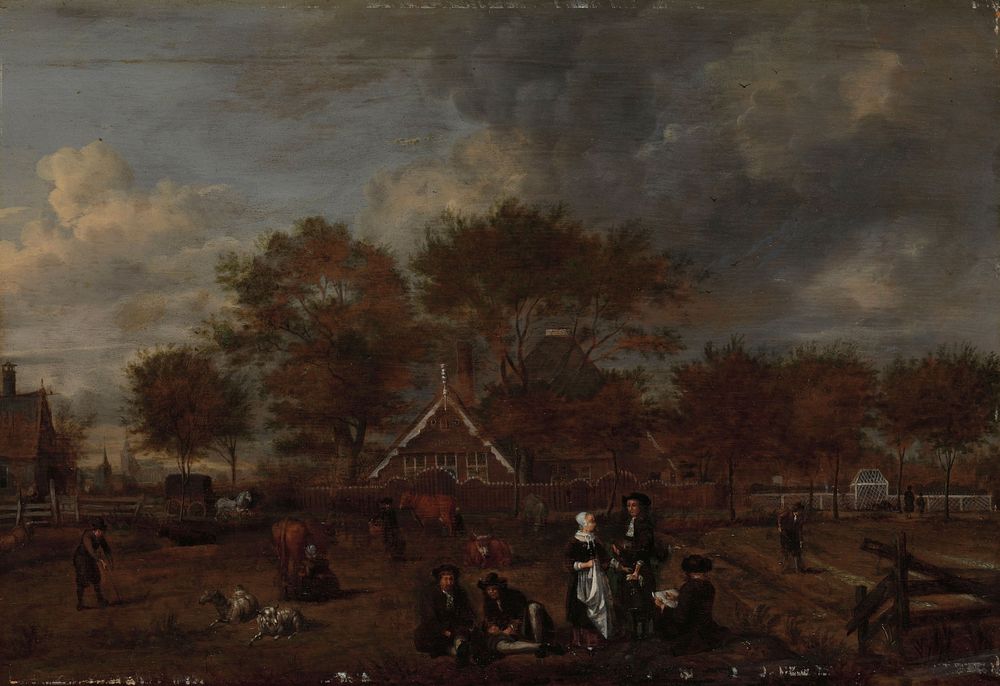 Farmstead with the Gentleman Farmer and his Wife and the Painter in the foreground (1650 - 1680) by Jan Pietersz Opperdoes
