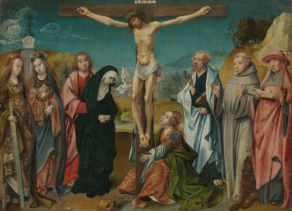 Christ on the Cross, with Mary, John, Mary Magdalene and Sts Cecilia and Barbara (left) and Peter, Francis and Jerome…