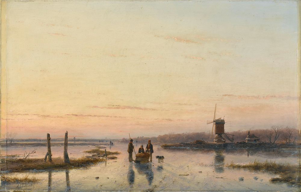 Windmill beside a frozen river (1860 - 1862) by Andreas Schelfhout