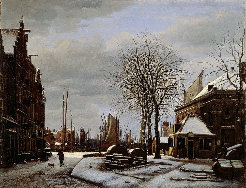 Slijpsteenmarkt (Whetstone Market) in Amsterdam with the Building 'Het Zeerecht' in Winter (The Slypsteenen at Amsterdam)…