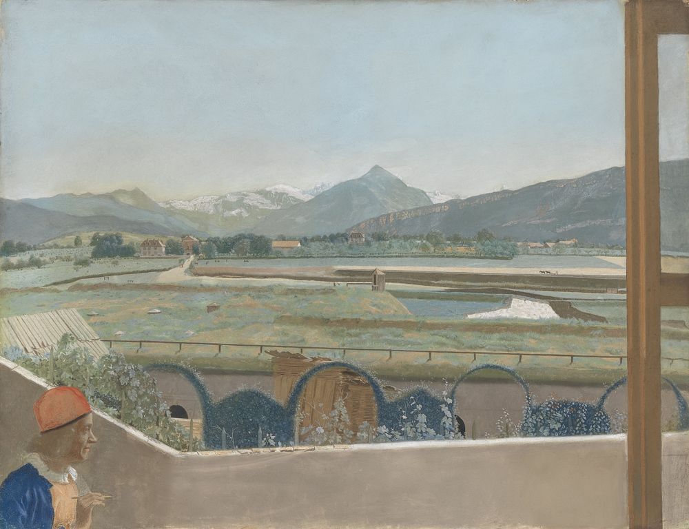 View toward the Mont Blanc Massif from the Artist’s Studio at Geneva, with a Self-portrait (1765 - 1770) by Jean Etienne…