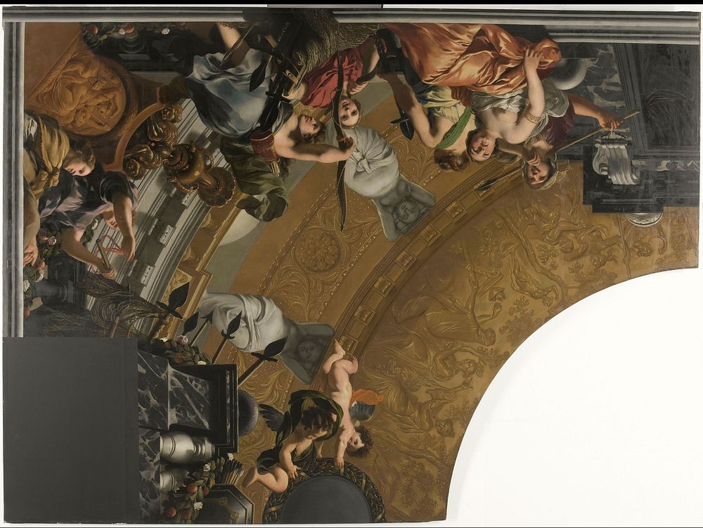 Onderdeel (linksboven) van een plafondschildering met als hoofdvoorstelling Diana en haar gezellinnen (c. 1676 - c. 1682) by…