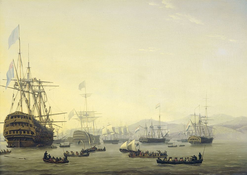 Council of War on board the 'Queen Charlotte', commanded by Lord Exmouth, prior to the Bombardment of Algiers, 26 August…