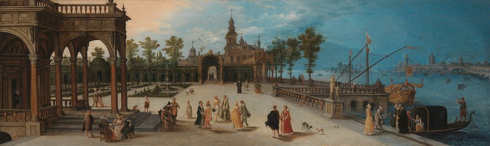 Dancing Party in the Forecourt of an Imaginary Palace with a Capriccio View of Venice in the Distance (c. 1615) by anonymous