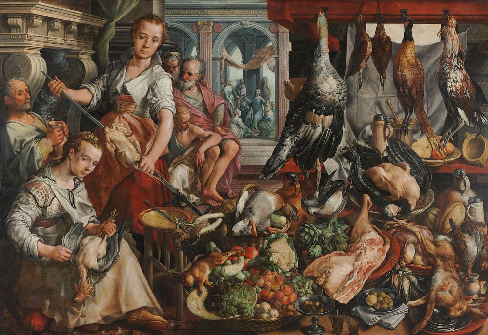 The Well-stocked Kitchen, with Jesus in het House of Martha and Mary in the Background (1566) by Joachim Bueckelaer