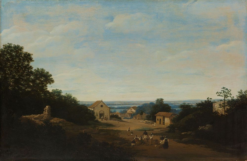 Brazilian landscape with the village of Igaraçú. To the left the church of Sts Cosmas and Damian (1659) by Frans Jansz Post