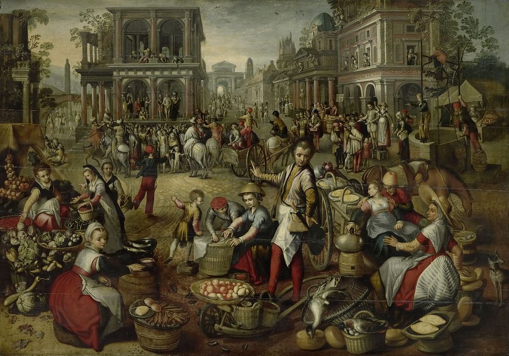 Marketplace, with the Flagellation, the Ecce Homo and the Bearing of the Cross in the background (1550 - 1590) by Joachim…