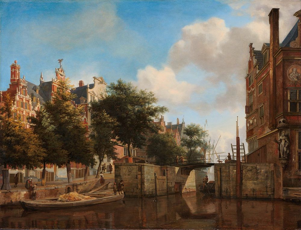 Amsterdam City View with Houses on the Herengracht and the old Haarlemmersluis (c. 1670) by Jan van der Heyden