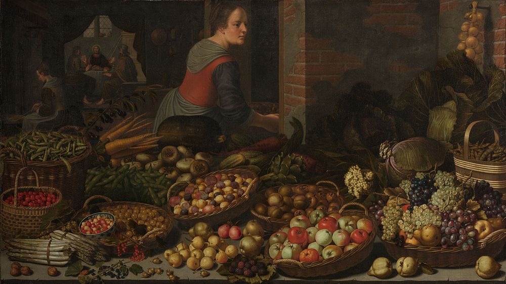 Still Life with Fruit and Vegetables, with Christ at Emmaus in the background (c. 1630) by Floris Gerritsz van Schooten and…